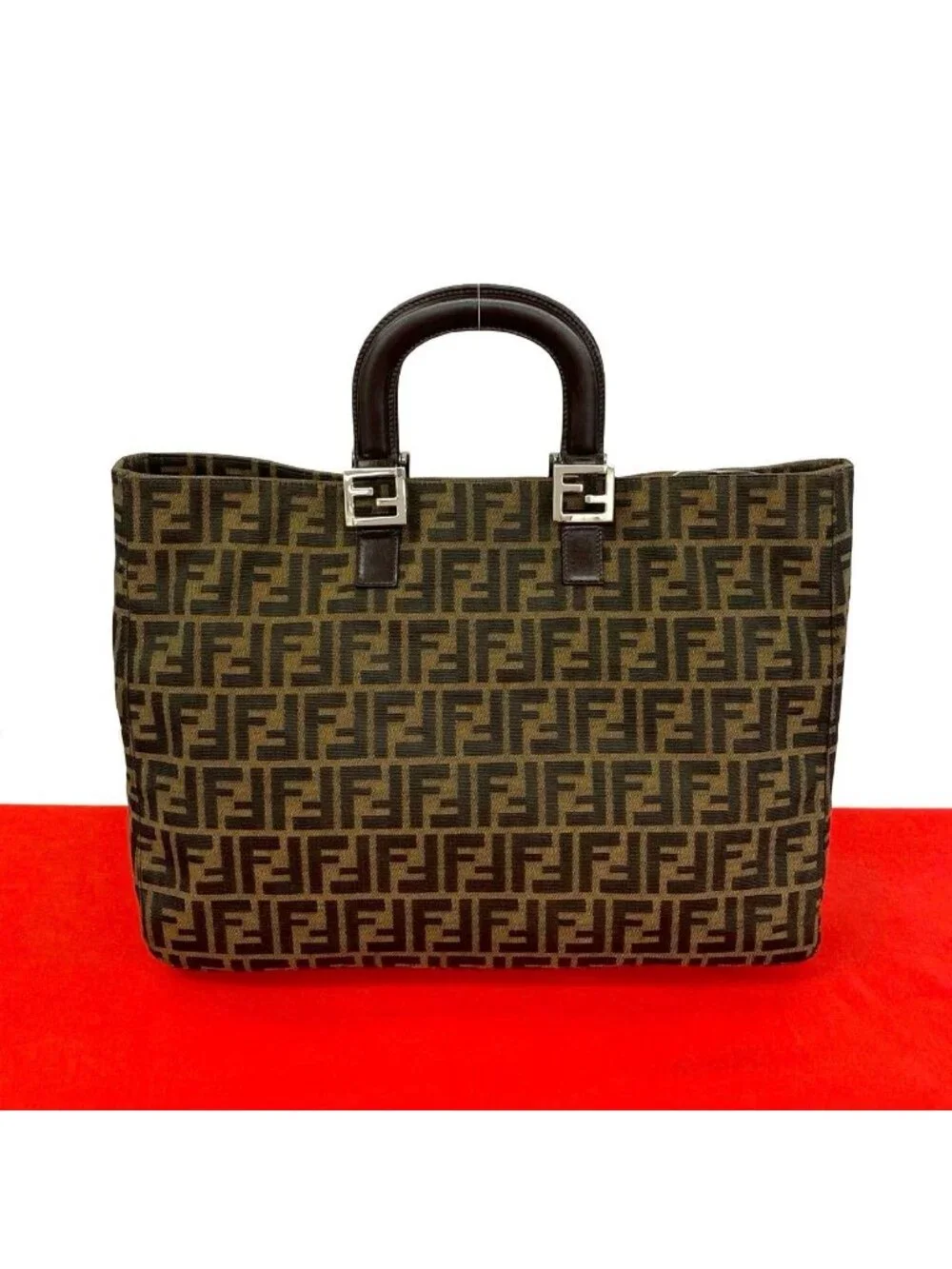 Fendi Zucca FF Pattern Canvas Leather Tote Business Brown